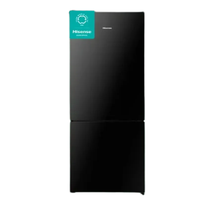 Nevera HISENSE No Frost 417L RB15N6FBX1 con congelador inferior y diseño moderno en negro.