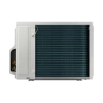Vista lateral de la unidad exterior del aire acondicionado Samsung WindFree 12000 BTU, modelo AR70F12D1CB, mostrando condensador y conexiones de instalación.
