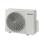 Unidad exterior del aire acondicionado Samsung WindFree 12000 BTU vista en ángulo, diseño compacto, ventilación frontal y estructura lateral visible.