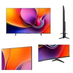 Vista frontal y lateral del televisor Hisense 75A6NV UHD 4K de 75 pulgadas con diseño delgado y soporte de doble pata
