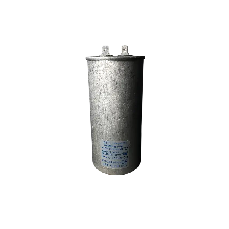 Capacitor de compresor 80 microfaradios 440V RoHS referencia 17400103000056 vista lateral y superior