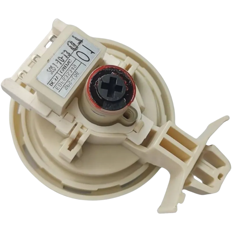 Detalle técnico del sensor de presión LG, mostrando la etiqueta con el número de parte y las especificaciones de operación eléctrica.