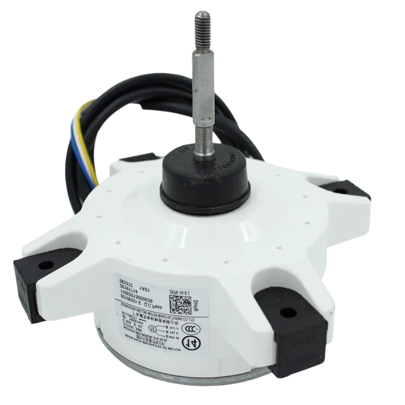 Motor DC sin escobillas para aire acondicionado, modelo 11002015000039, vistas laterales y trasera con etiqueta y conector