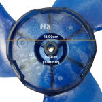 Detalle de dimensiones del hub del ventilador cruzado Midea 12100105000961, diámetro 13,90 cm y orificio central 7 mm