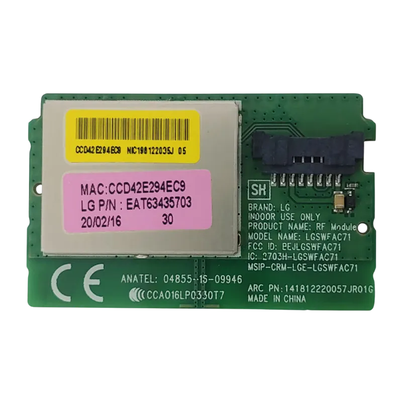 Módulo Wi-Fi LG EAT63435703 LGSWFAC71 vista superior con etiqueta MAC