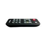 Control remoto Samsung AH81-11699A acostado, perfil lateral bajo mostrando grosor y botones de volumen y bass