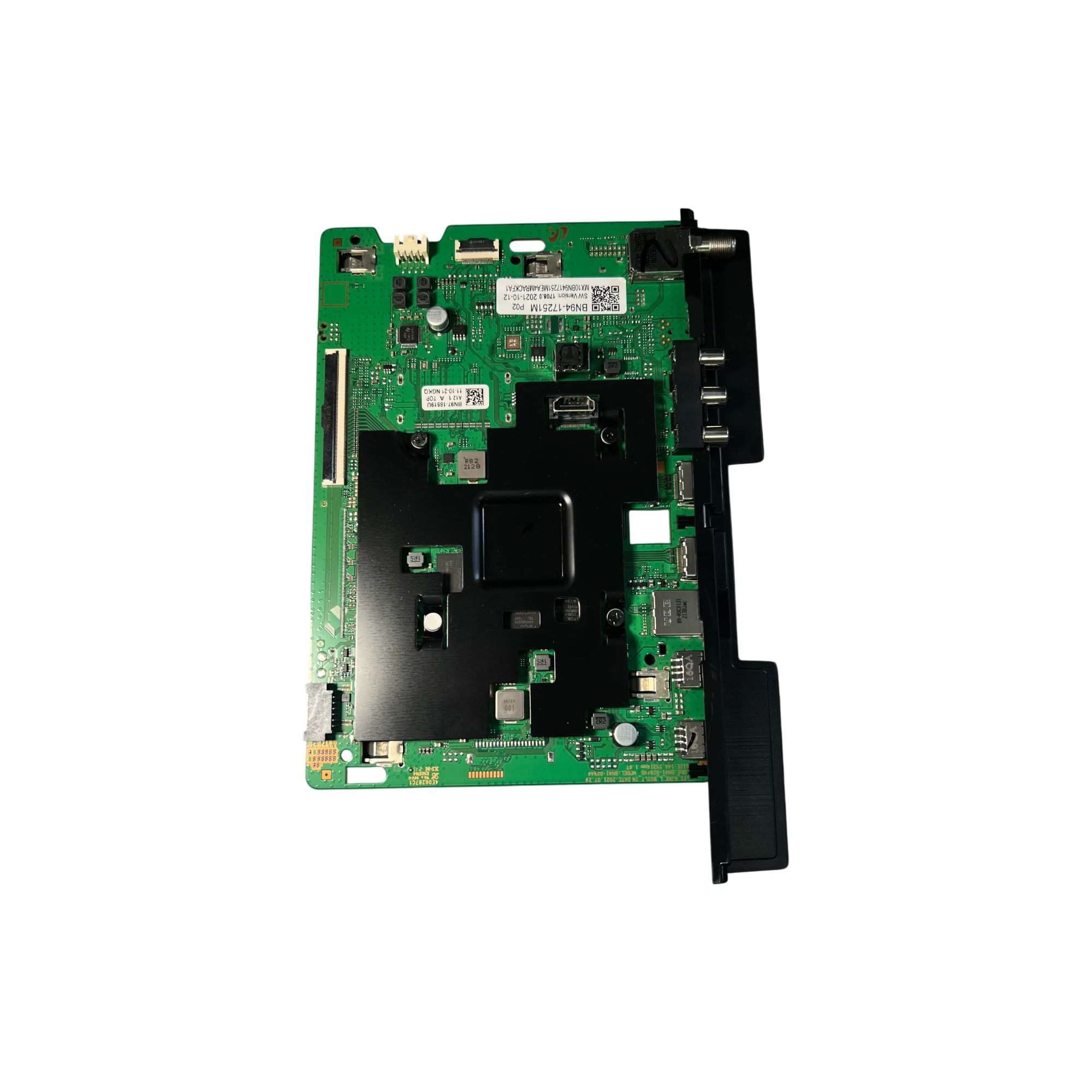 Main Board Samsung BN94-17251M AU8000B vista superior con disipador negro y conectores RF, HDMI, USB y LAN