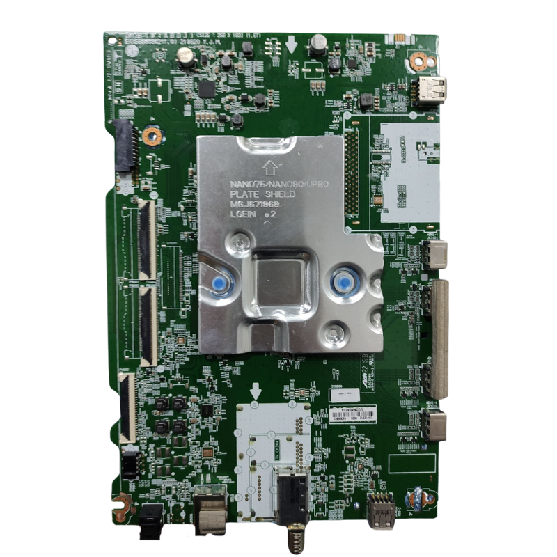 Main Board LG EBU66309801 vista superior con blindaje central y ranuras FFC/LVDS, sintonizador RF y zona de puertos
