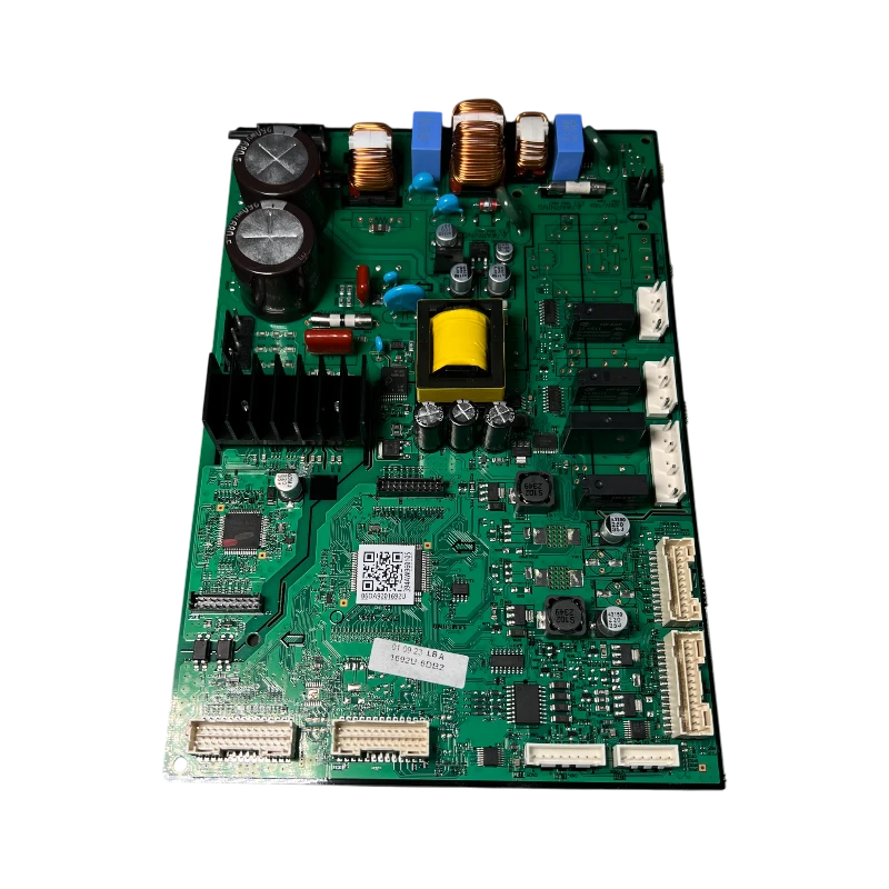 PCB Main Board Samsung DA92-01692U vista frontal, transformador amarillo y conectores blancos