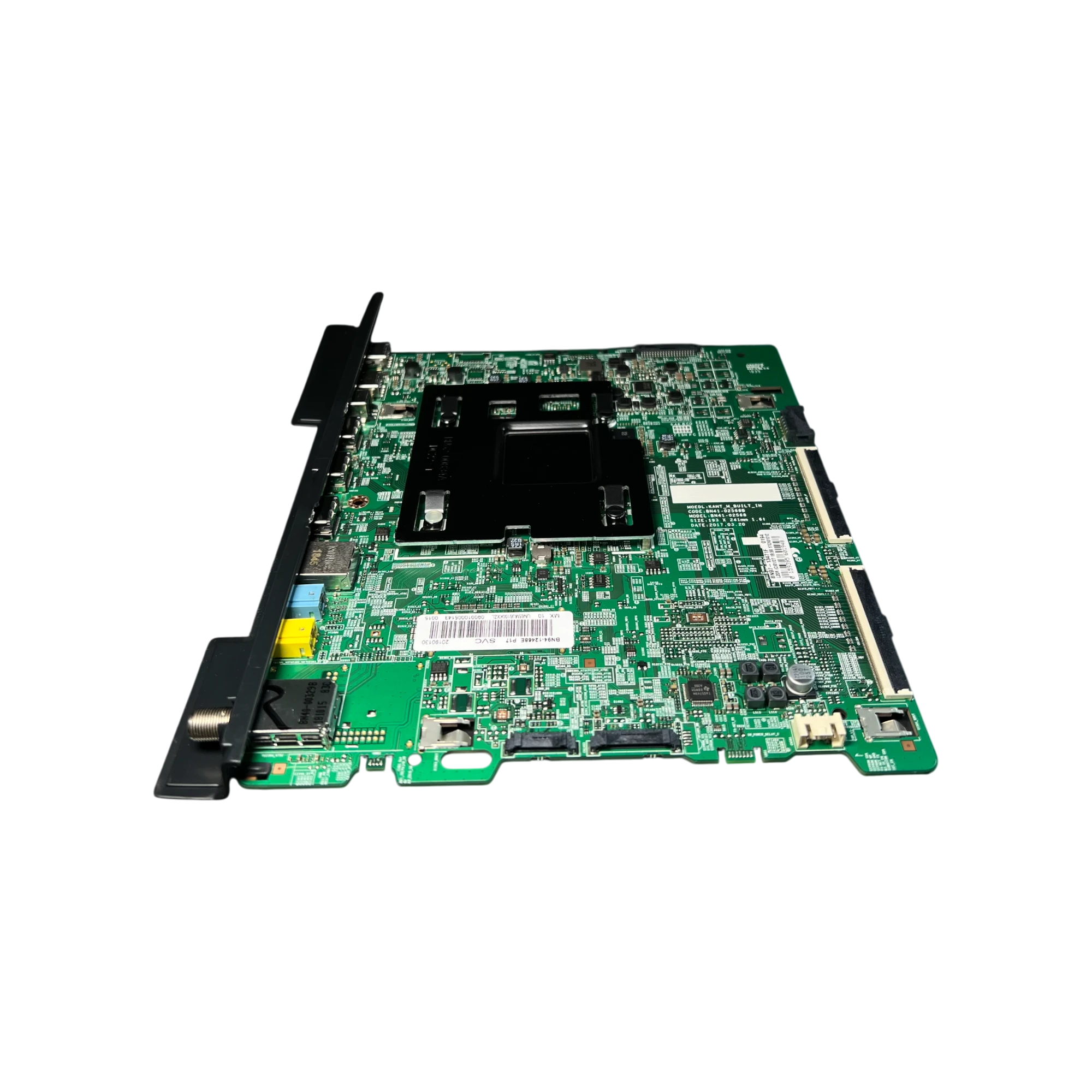 Main Board BN94-12468E para TV Samsung con puertos HDMI, USB, Ethernet y ranura de video, vista superior de la tarjeta original.