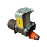 Válvula DC62-00217E para lavadora Samsung vista diagonal con cuerpo metálico y boquilla naranja