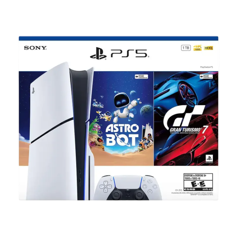 PS5 Estándar 1TB con Gran Turismo 7 y Astro Bot vista frontal