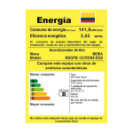 Etiqueta de eficiencia energética de acondicionador de aire MIDEA modelo MSGPB-12CRDN8-BQ0, mostrando consumo de energía de 141,8 kWh/mes y eficiencia energética de 3,02 Wt/We