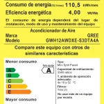 Etiqueta de eficiencia energética del acondicionador de aire GREE GWH12AWDXE-S3DTA4A, consumo de energía 110,5 kWh/mes, eficiencia energética 4,00 Wt/We, clasificación A