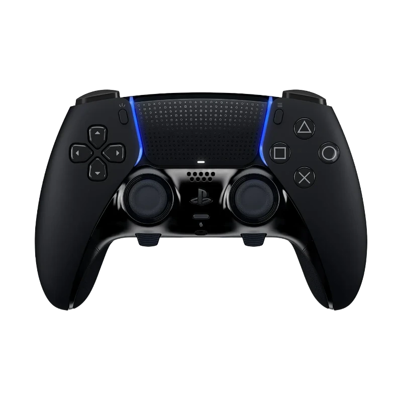 Mando DualSense de PlayStation 5 en color negro con iluminación azul, joysticks y botones