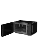 Microondas negro con puerta abierta mostrando su interior y pantalla digital
