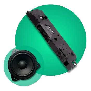 altavoz y barra de sonido negra para sistemas de audio de alta calidad Altavoz circular y barra de sonido negra sobre fondo verde, componentes de audio