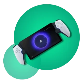 ps5 porttil consola de juegos con controles integrados Imagen de una consola portátil de PS5 con controles integrados sobre un fondo verde