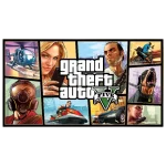 Collage de imágenes de Grand Theft Auto V, incluyendo personajes, vehículos y escenas de acción