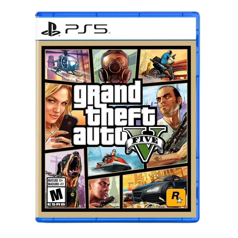 Caja de Grand Theft Auto V para PS5 con imágenes de personajes y vehículos