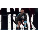 Imagen de un luchador profesional en una pose dinámica, vistiendo un traje de lucha con colores azul y negro, listo para la acción en el ring