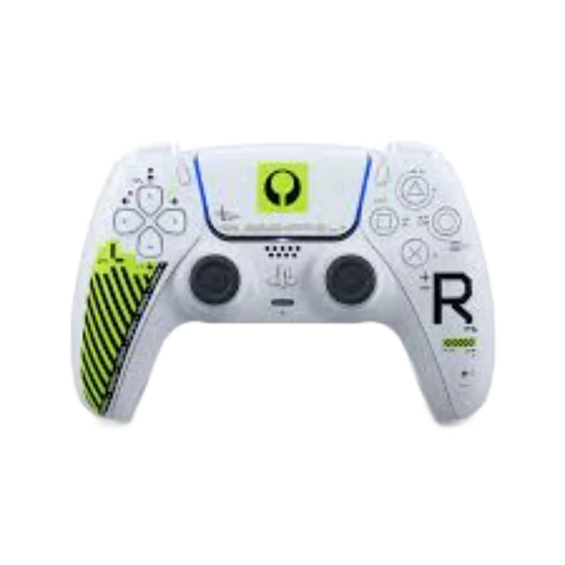 Mando de juegos blanco con detalles en verde y negro, ideal para jugadores profesionales