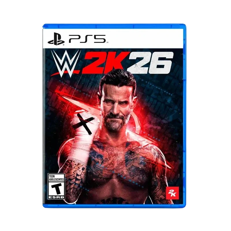 Portada de WWE 2K26 para PlayStation 5 con un luchador tatuado y vendado