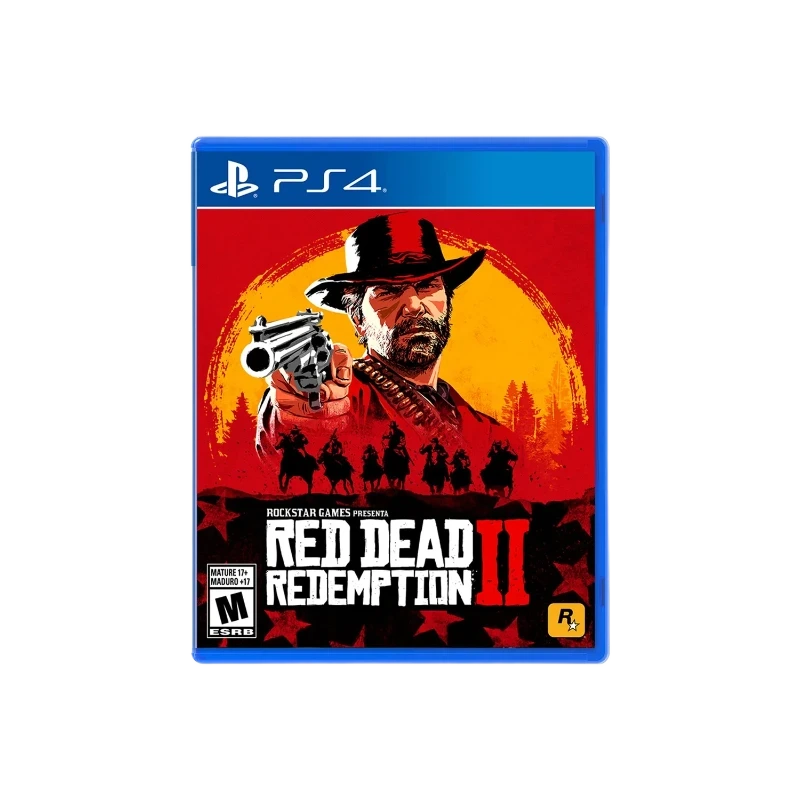 Caja de Red Dead Redemption 2 para PS4 con un cowboy armado en un fondo rojo y amarillo