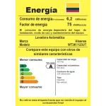 Etiqueta de eficiencia energética de lavadora automática Hisense modelo WT3K1123UT, consumo de energía 6,2 kWh/mes, factor de energía 75 l/kWh/ciclo, capacidad de carga 10,5 kg