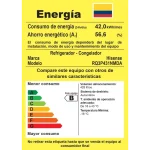 Etiqueta de eficiencia energética del refrigerador Hisense RQ3P431NMDA, mostrando su clasificación B en consumo de energía y especificaciones técnicas