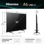 Televisor Hisense A6 UHD 4K 58 pulgadas con detalles de dimensiones y especificaciones técnicas