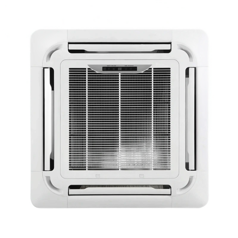 Imagen de un aire acondicionado blanco de ventana con rejilla frontal y controles digitales