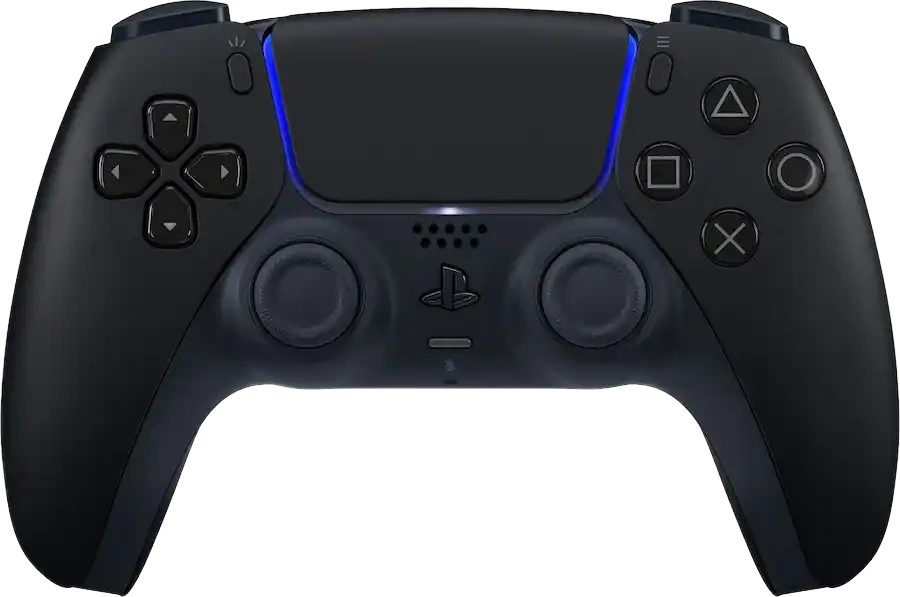 Controlador de PlayStation 5 en color negro con luces azules y botones estándar