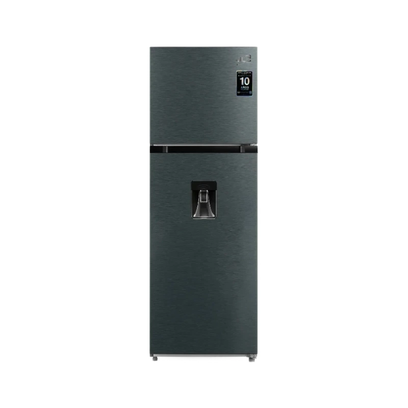 Refrigerador LG de doble puerta, color gris oscuro, con dispensador de agua y tecnología de conservación de alimentos
