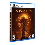 Caja del juego Saros para PS5 con un hombre sosteniendo un arma y un monstruo en el fondo