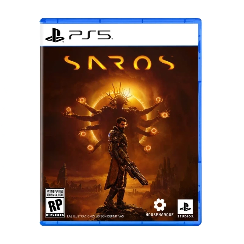 Caja del juego Saros para PS5 con un hombre armado en un entorno oscuro y futurista