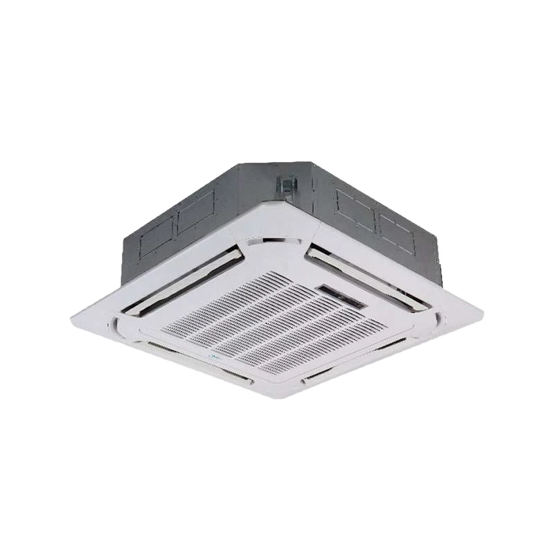 Imagen de un climatizador de techo con rejilla de ventilación blanca y carcasa gris oscuro para instalación empotrada