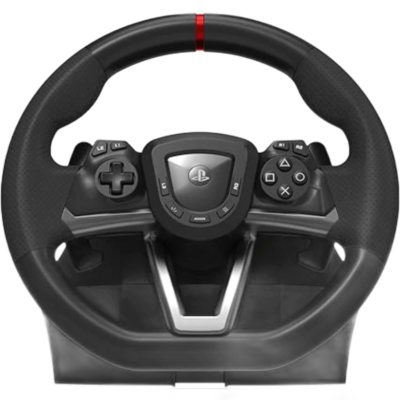 Volante de juego negro con controles integrados para PlayStation 4, incluye pedales y detalles en rojo