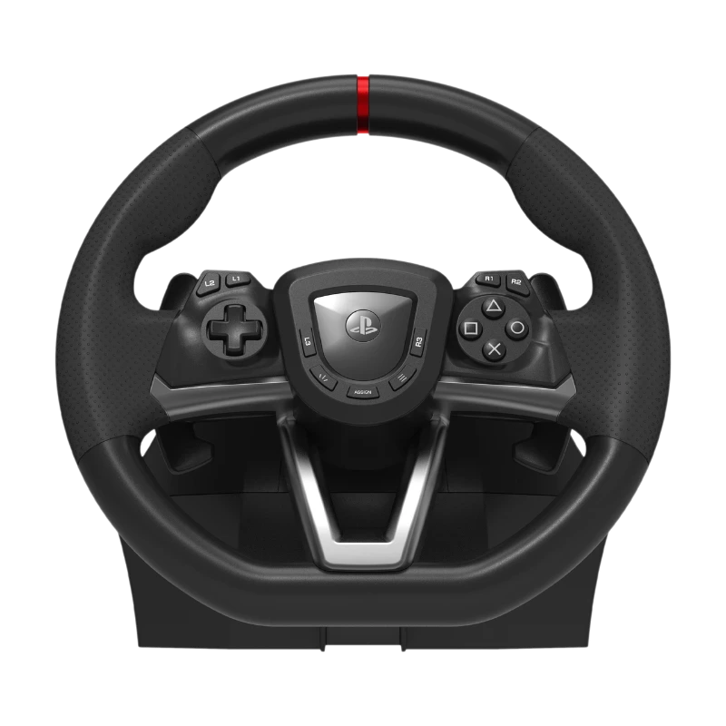 Volante de juego negro con diseño ergonómico, controles integrados y logotipo de PS